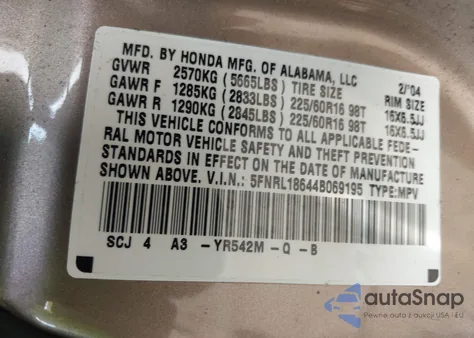 2004 Honda Odyssey Ex из США, поврежденный, VIN 5FNRL18644B069195
